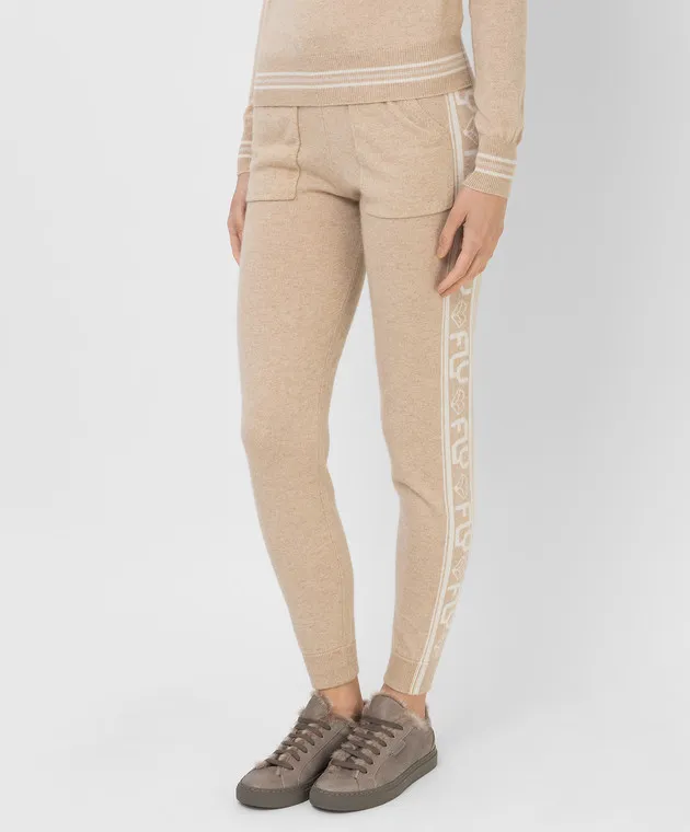 Be Florence Beige patterned cashmere joggers
