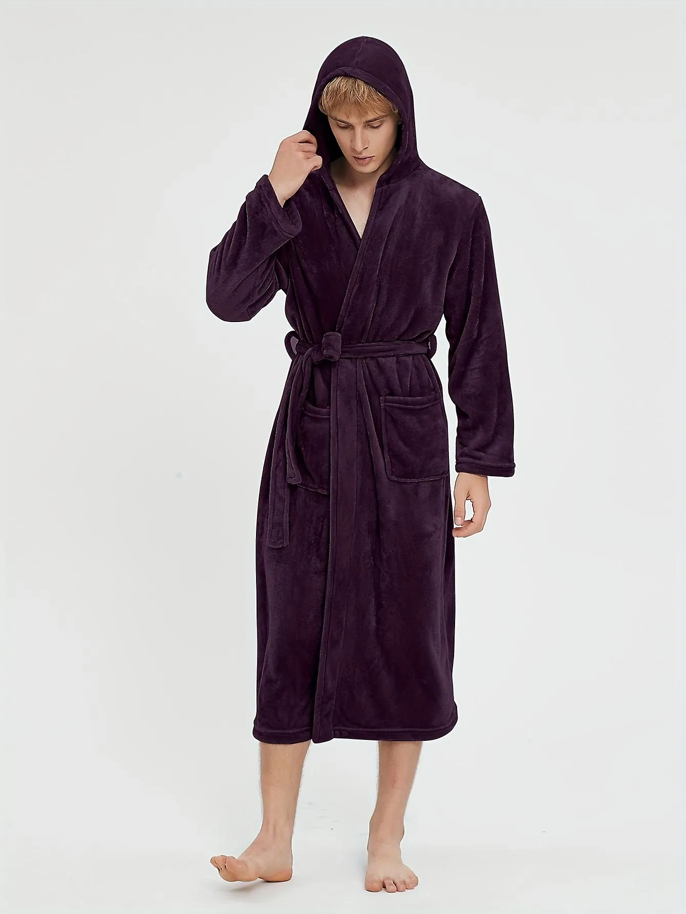 New style Men's Comfy Solid Fleece Robe Home Hooded Pajamas Wear With Pocket & Hair Dry Hat, One-piece Lace Up Kimono Ni