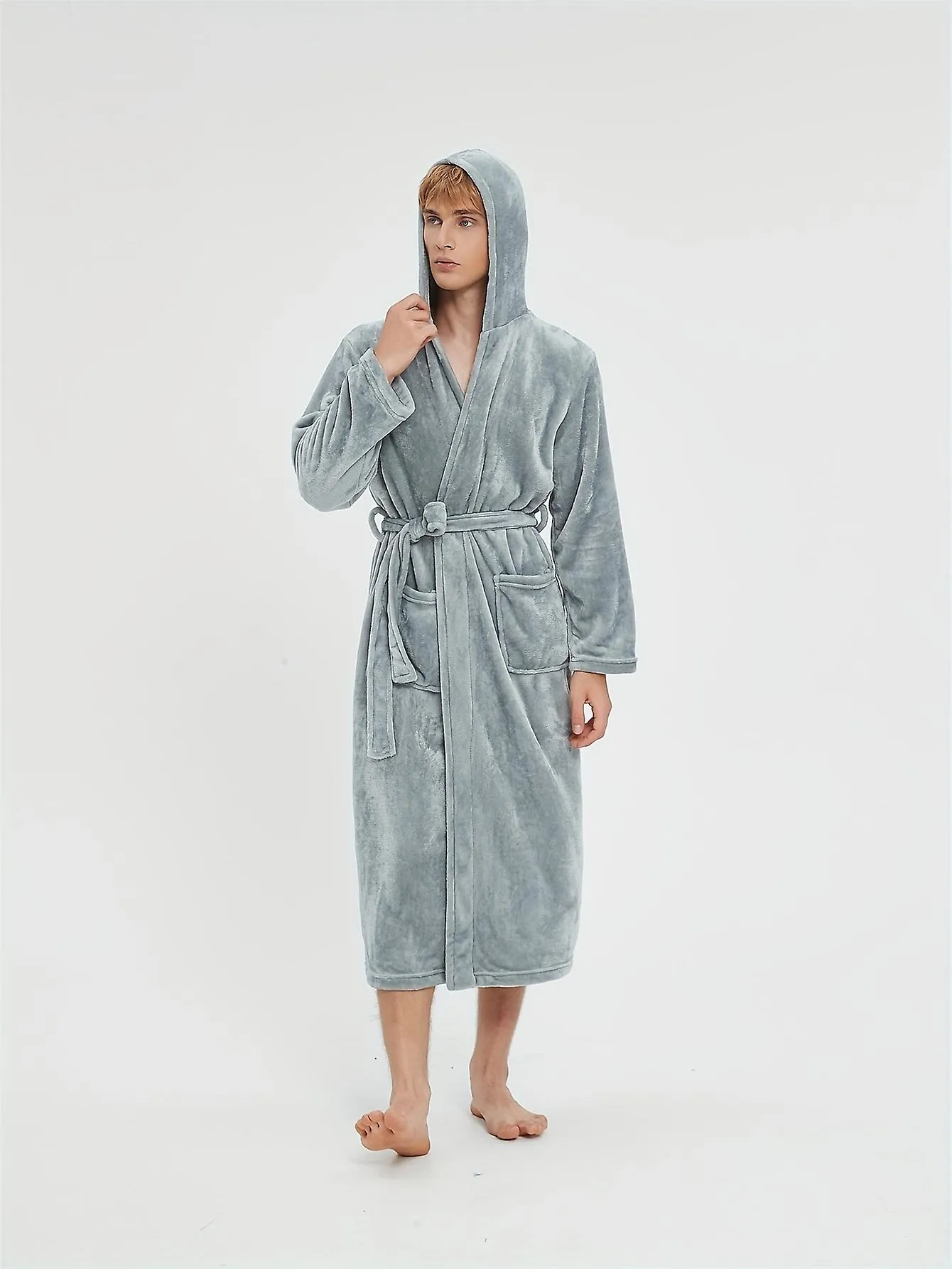 New style Men's Comfy Solid Fleece Robe Home Hooded Pajamas Wear With Pocket & Hair Dry Hat, One-piece Lace Up Kimono Ni