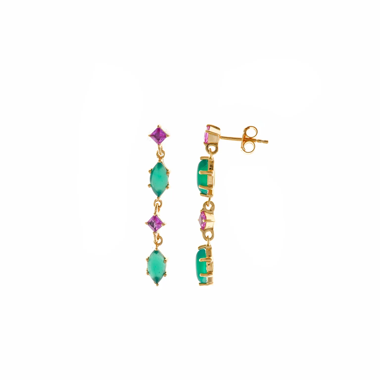PENDIENTES PLATA CHAPADO DORADO TIRA RUBI ROSA