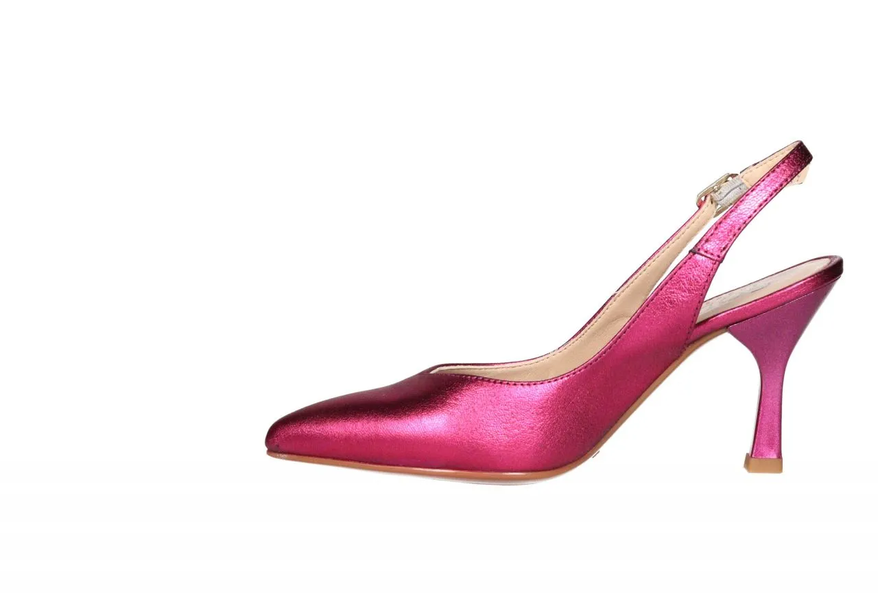 Zapato Descubierto Piel Fucsia Metalizado Tacon Alto